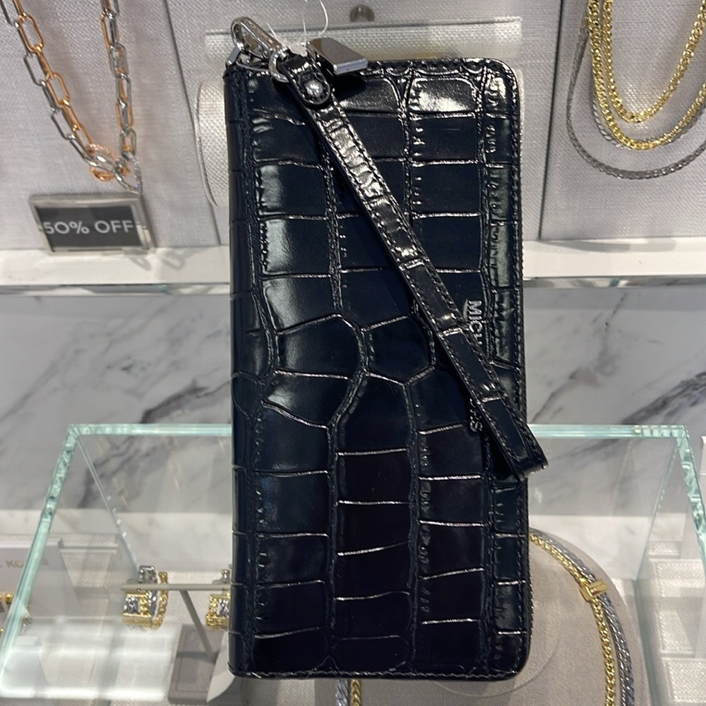 Michael Kors JtSet Travel Metallic Crocodile Embossed Leather Continental Wallet - Picture 5 of 16